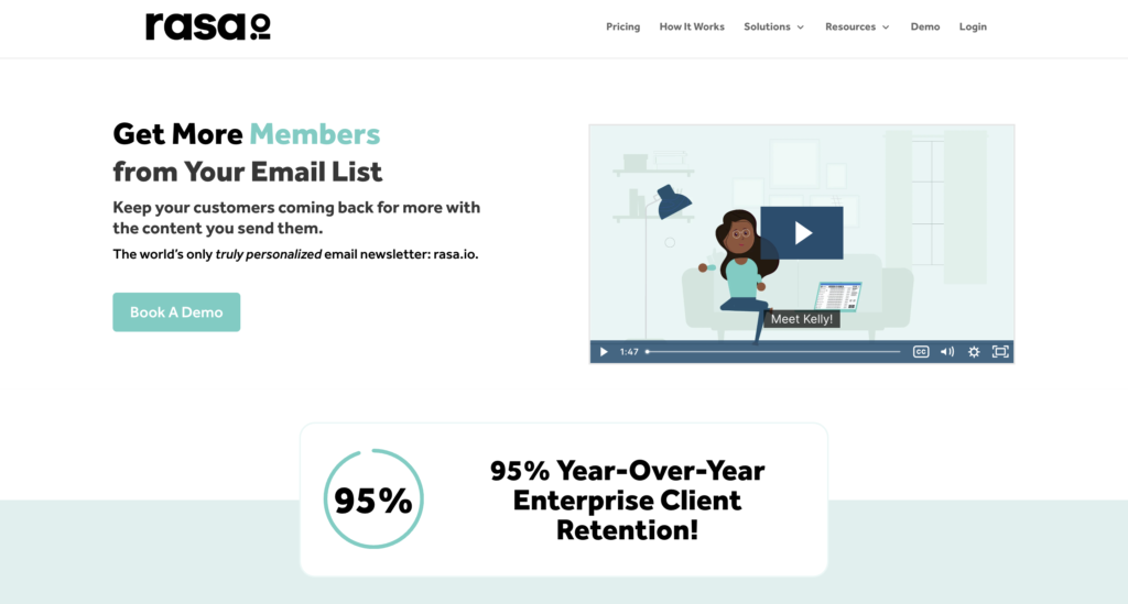 Rasa.io homepage featuring the headline 'Get More Members from Your Email List.' Subtext highlights keeping customers engaged with personalized content. A 'Book A Demo' button is displayed alongside a video introducing the platform. Below, a statistic shows '95% Year-Over-Year Enterprise Client Retention.